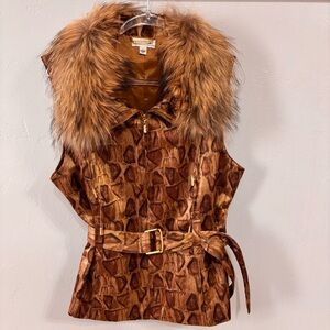 NWOT St John Sport Raccoon Fur Trimmed Animal Print Lined  Vest with Belt Sz L